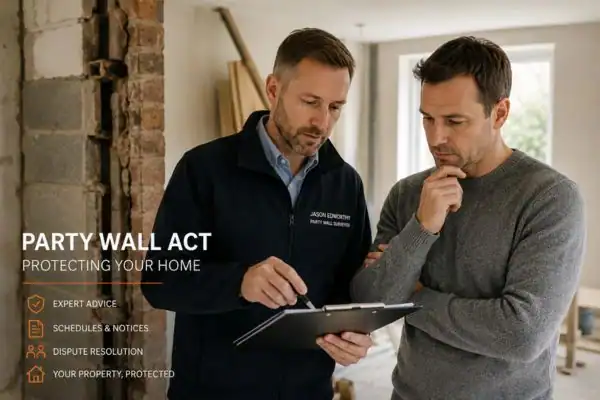 Party wall surveyor Bournemouth discussing extension plans with homeowner outside a UK semi-detached house.